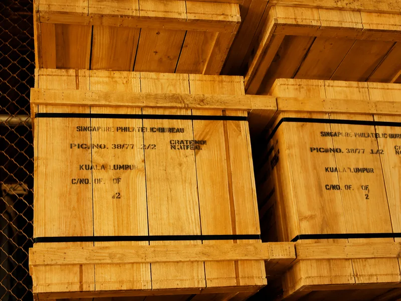 9. Crates of stamps ready for despatch under strict security.